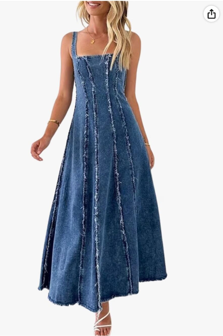 Adjustable Spaghetti Strap Maxi Long Denim Dress A-Line Swing Distressed Jean
